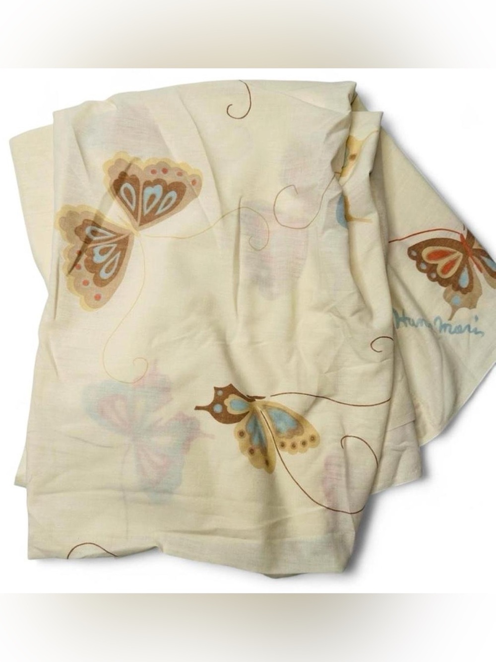 VTG 70s Hanae Mori Twin Sheet, Nude Cream Color w/ Butterflies Brown Orange Blue